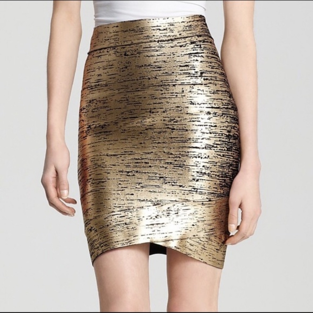 SOLD | BCBG Max Azria black and gold foil bandage mini skirt